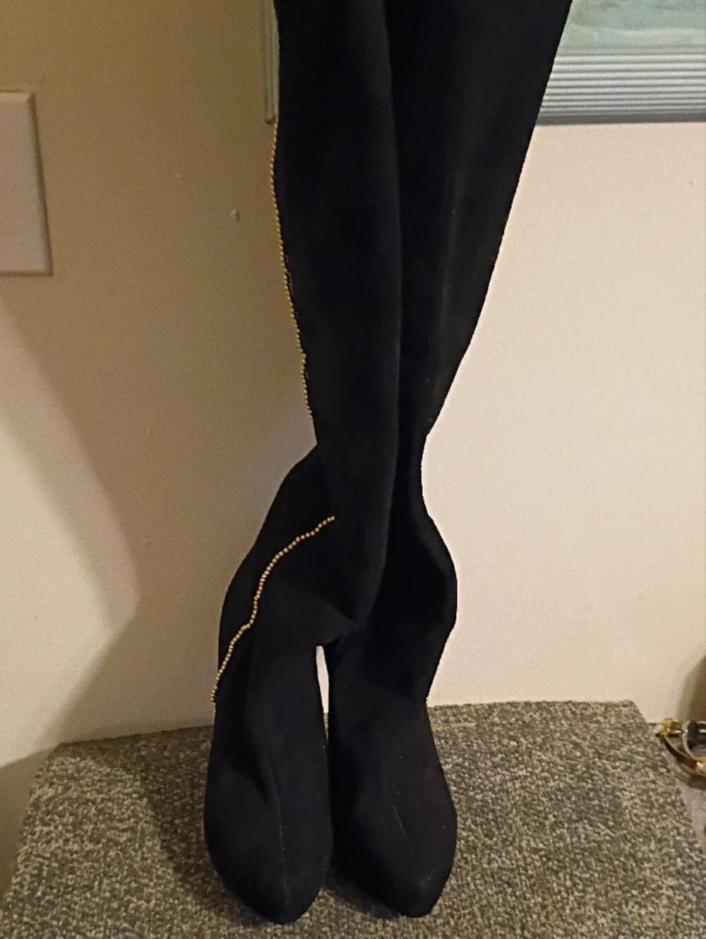 Bebe Black Knee-High Stiletto Boots with Gold Chain Detail Size 10